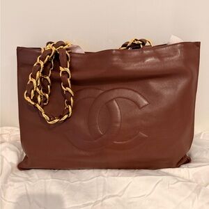 CHANEL Brown Tote with Gold Chain